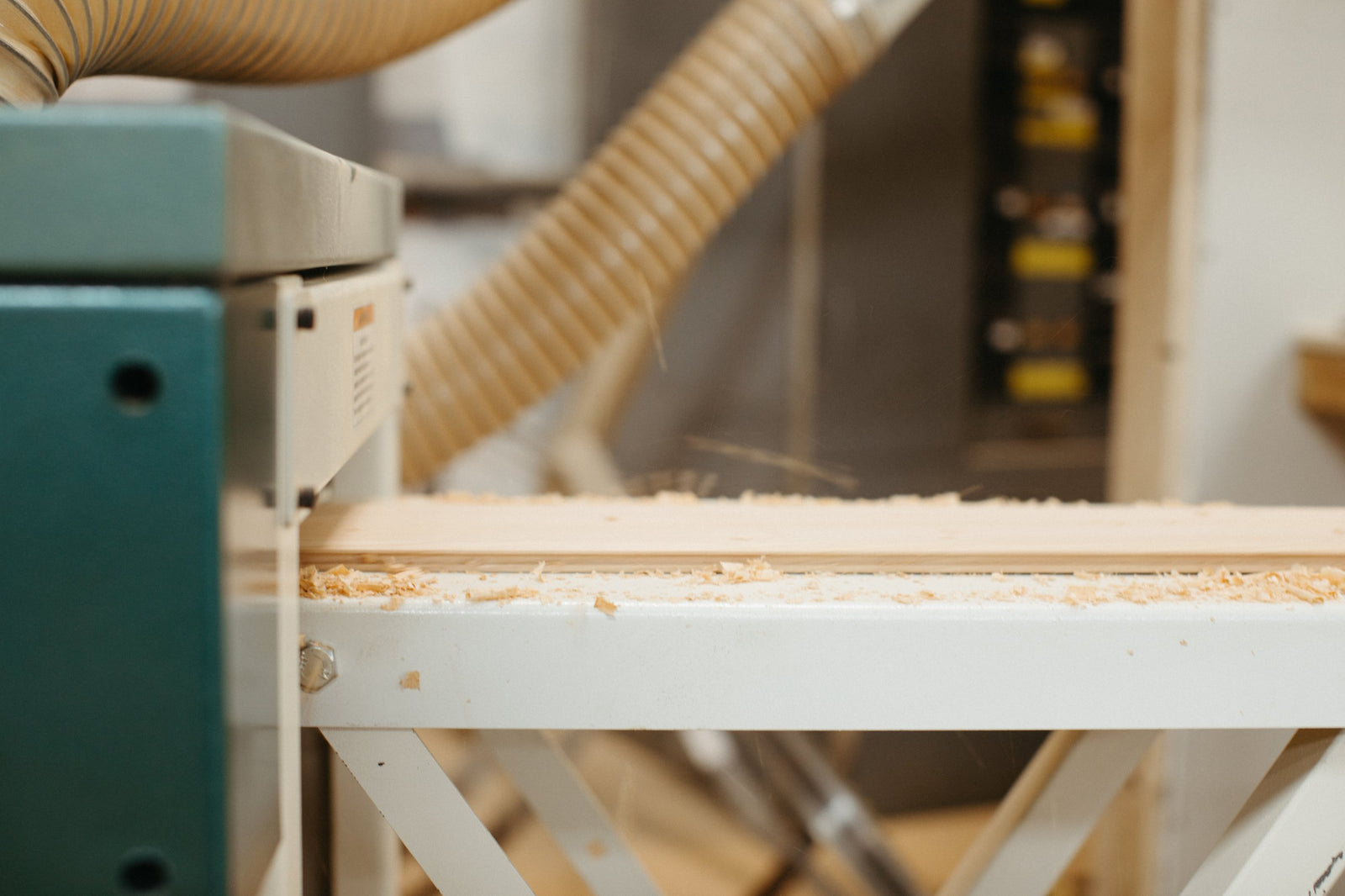 A freshly profiled panel leaving the molder, shavings on the table
