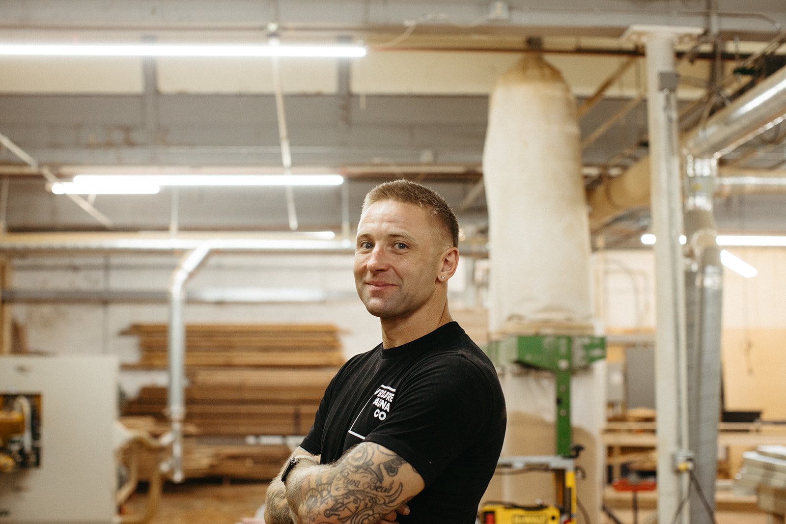 Hamish Giles-Peters, founder of Verdure Sauna Co, in the Pawtucket workshop